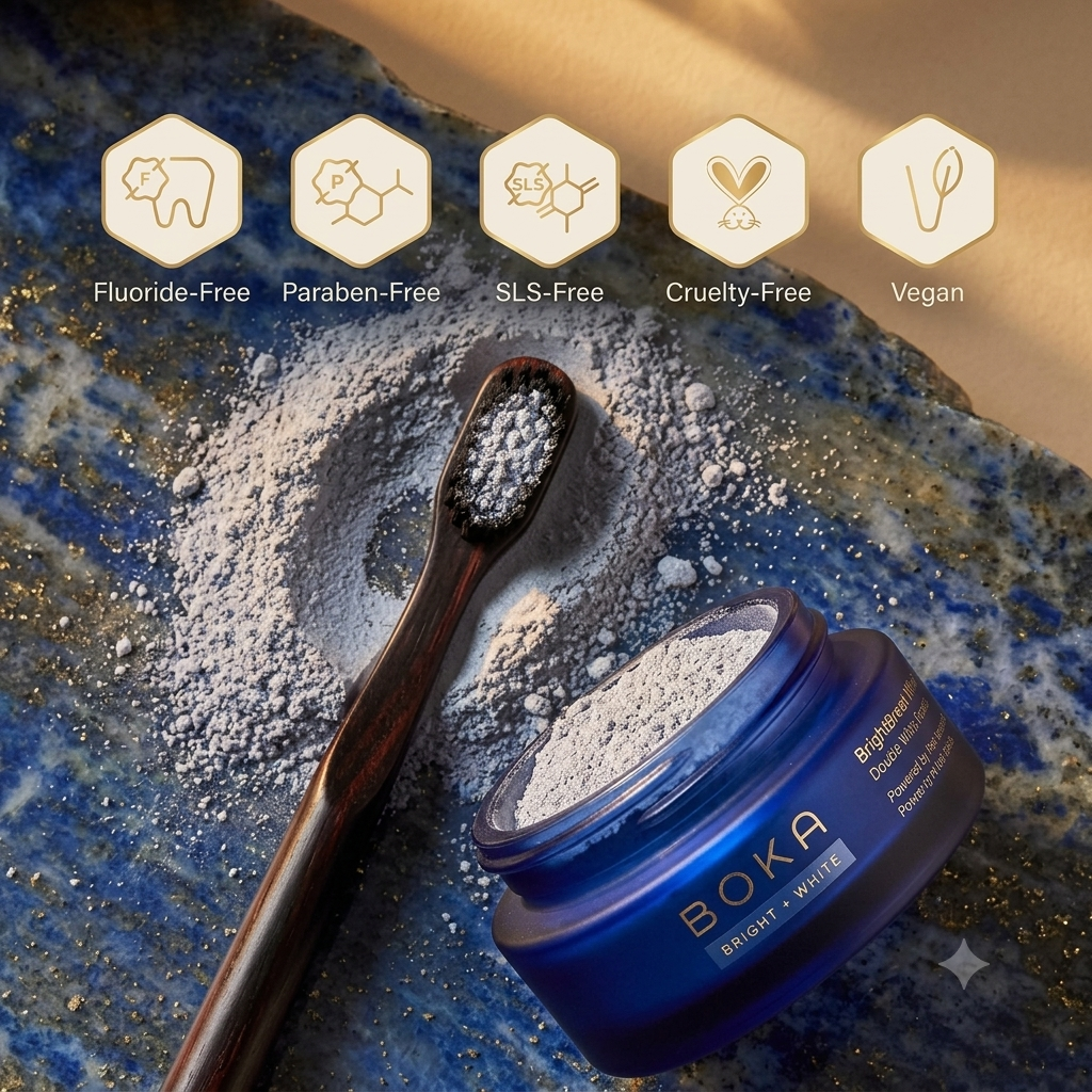Boka teeth whitening powder in a premium deep blue glass jar on a luxury lapis lazuli surface next to a dark wood toothbrush.