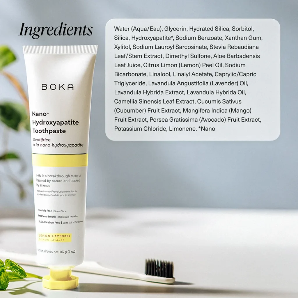 A full breakdown of Boka toothpaste ingredients listed on a clean graphic panel next to a tube of Boka Lemon Lavender nano-hydroxyapatite toothpaste and a white toothbrush.