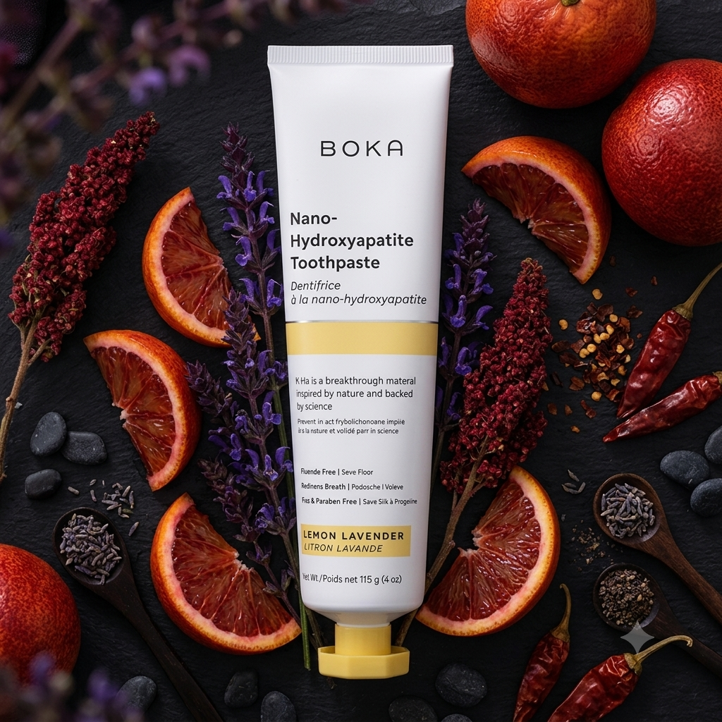 A tube of Boka toothpaste lemon lavender centered on a textured black slate background surrounded by vibrant blood orange slices, dried lavender buds, and crimson spices.