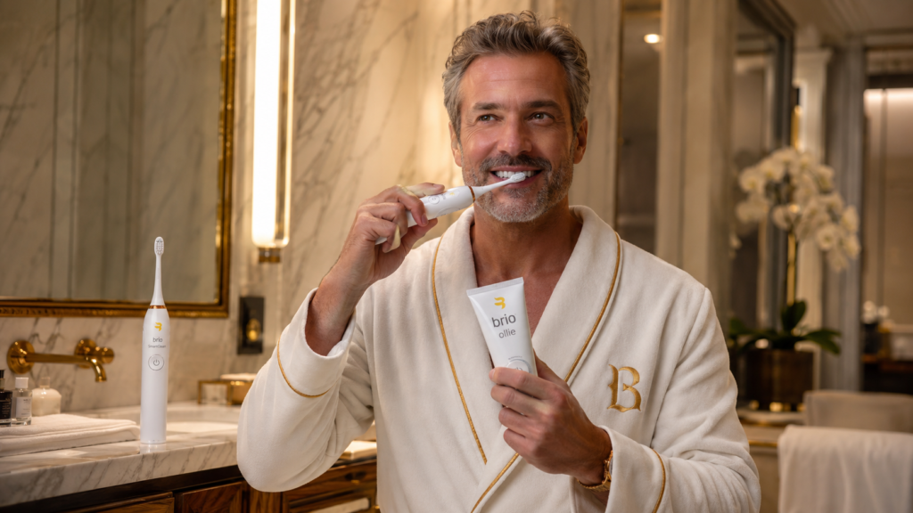 Affluent man using the Brio Ollie SmartClean electric toothbrush with Ollie hydroxyapatite toothpaste in a luxury marble bathroom