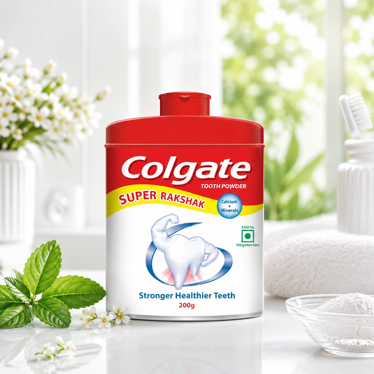 Colgate powder displayed in a bright, healthy bathroom setting with fresh green leaves, white flowers, a toothbrush, and colgate tooth powder.