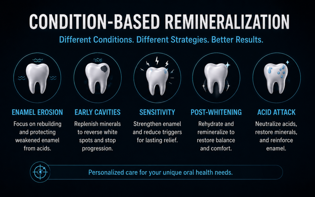 Condition-based remineralization infographic comparing enamel erosion, early cavities, sensitivity, post-whitening care, and acid attack recovery strategies.