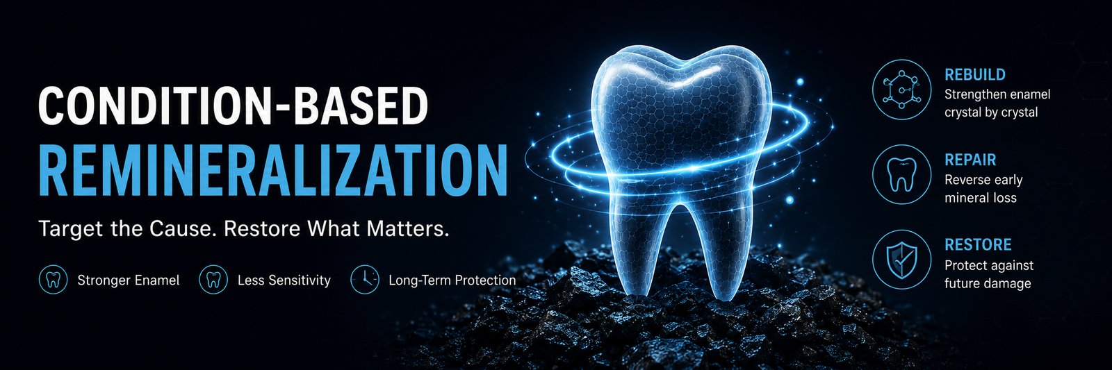Condition-based remineralization graphic showing a glowing tooth with enamel rebuilding, repair, sensitivity reduction, and long-term protection benefits.