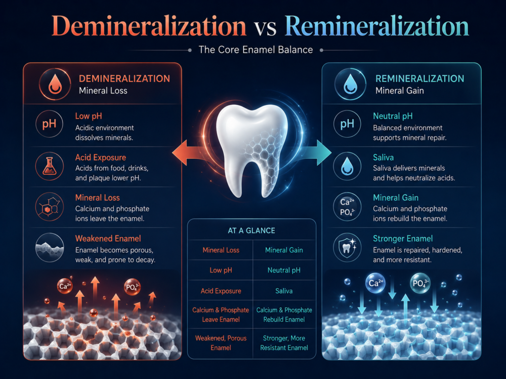 Demineralization vs remineralization comparison showing low-pH mineral loss and saliva-supported enamel mineral gain.