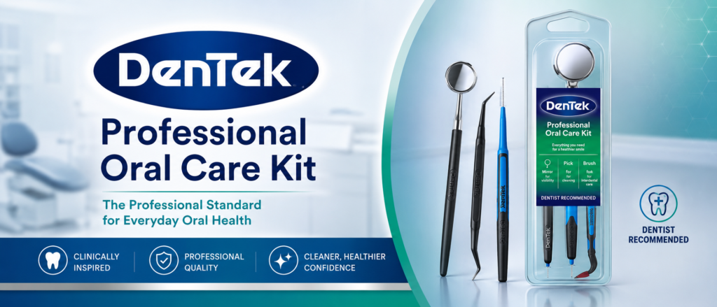 Professional dental mirror displayed with an oral care kit, interdental brush, dental pick, and dentist-inspired hygiene tools.