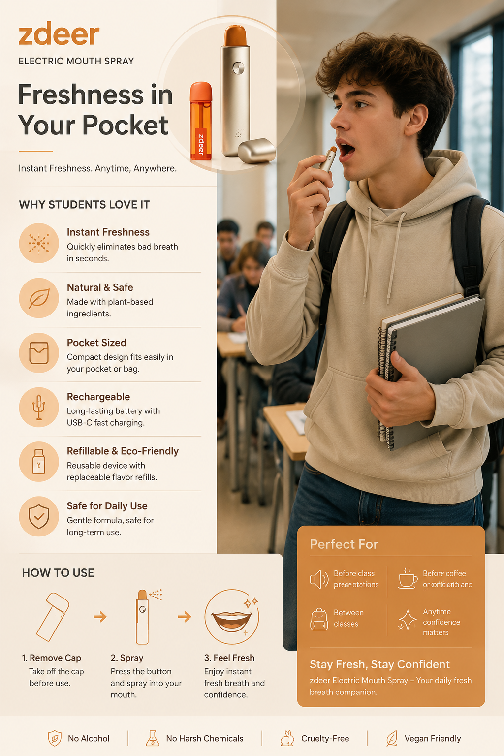 College student using an electric oral spray while walking through a classroom, with an infographic highlighting the portable rechargeable device for instant fresh breath and daily oral hygiene.