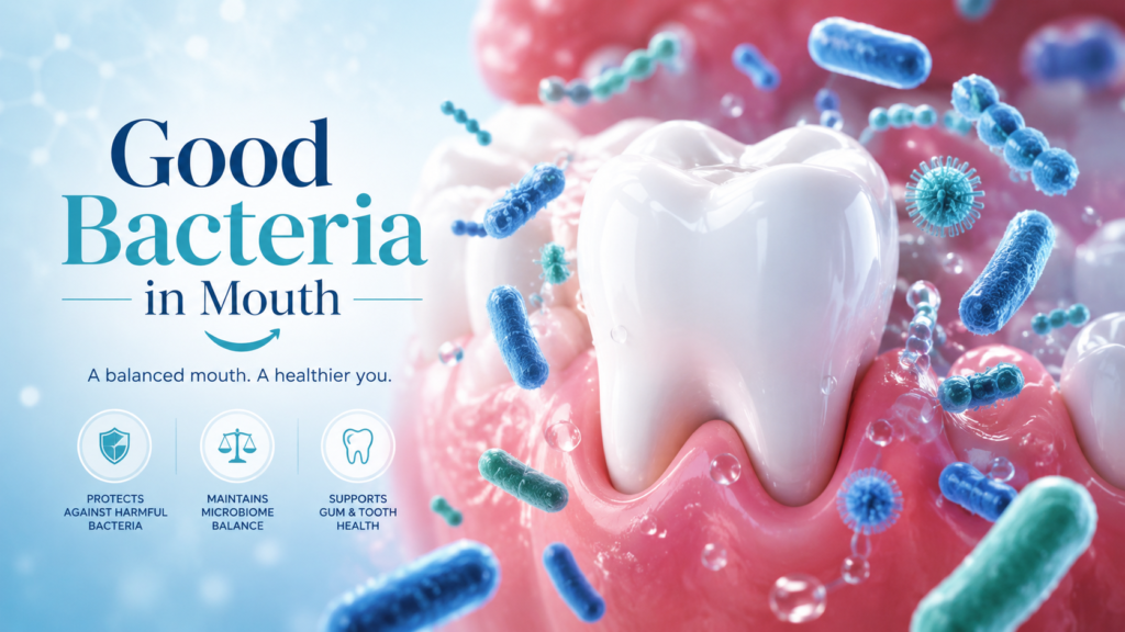 Good bacteria in mouth supporting a healthy tooth, balanced oral microbiome, fresh breath, gum health, and protection against harmful mouth bacteria.