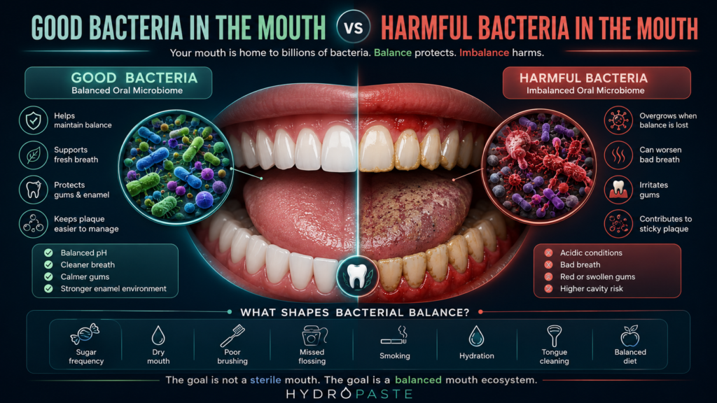 Good bacteria in mouth vs harmful bacteria infographic showing balanced oral microbiome, fresh breath, healthy gums, enamel support, bad breath, sticky plaque, gum irritation, and cavity risk.