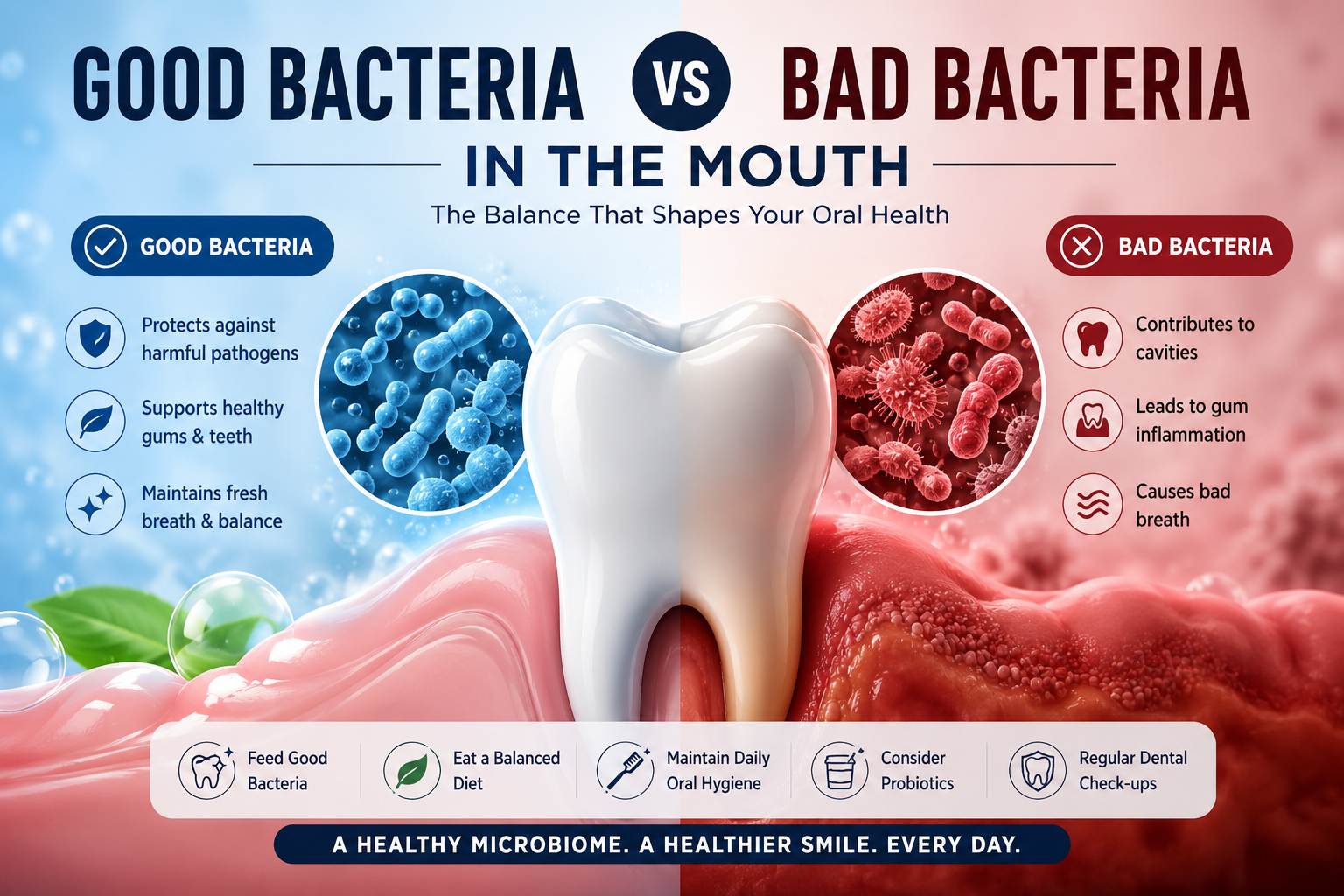 Good bacteria in mouth vs bad bacteria in mouth infographic showing healthy oral microbiome balance, cavity-causing bacteria, gum inflammation, and fresh breath support.
