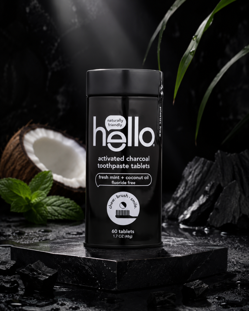 Hello toothpaste tablets in activated charcoal packaging displayed on a dark luxury pedestal with mint, coconut, and charcoal accents.