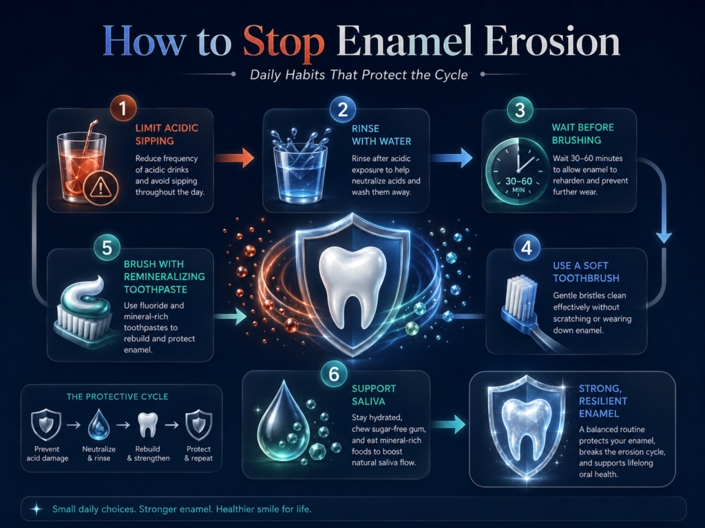 How to stop enamel erosion with less acidic sipping, water rinsing, gentle brushing, remineralizing toothpaste and saliva support.