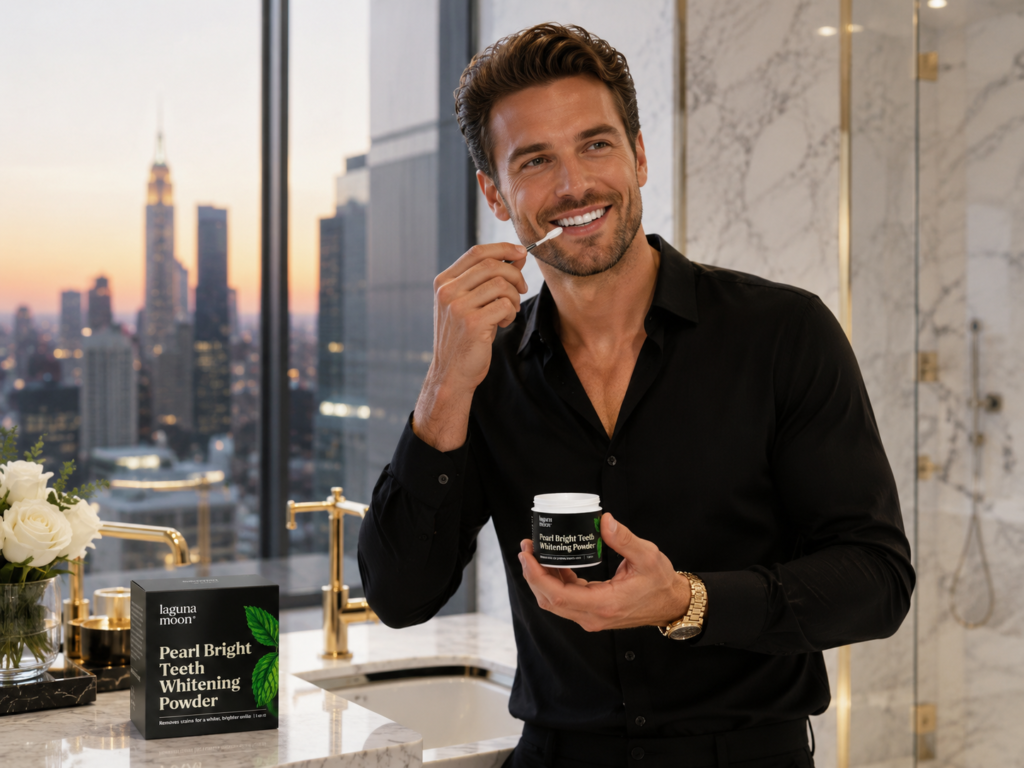 Affluent man using Lagunamoon Teeth Whitening Powder in a luxury marble penthouse bathroom with gold fixtures and a city view.