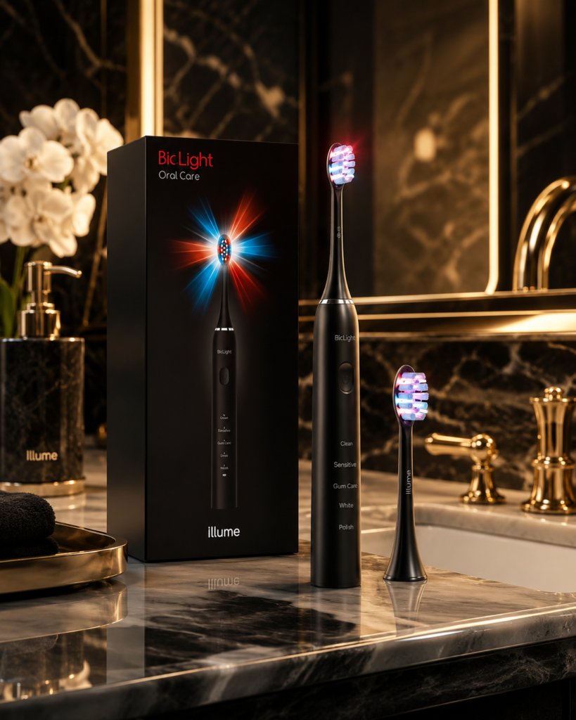 Black light therapy toothbrush with illuminated red and blue bristles displayed in an elite luxury bathroom.