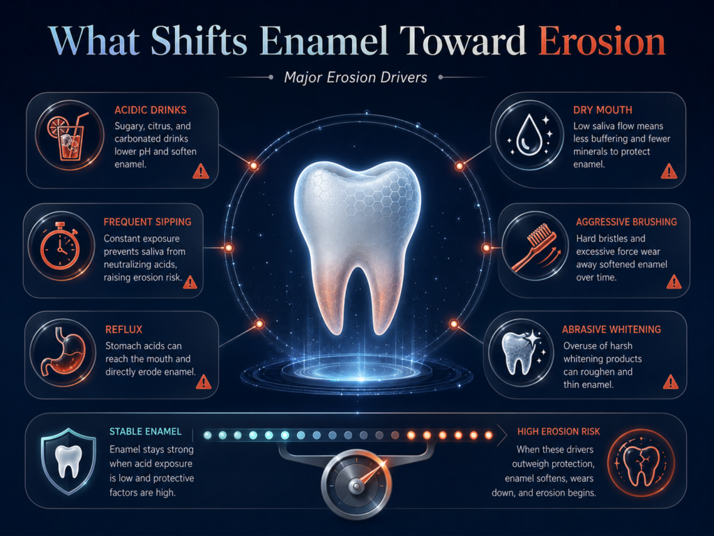 Major enamel erosion drivers including acidic drinks, frequent sipping, reflux, dry mouth, aggressive brushing and abrasive whitening.