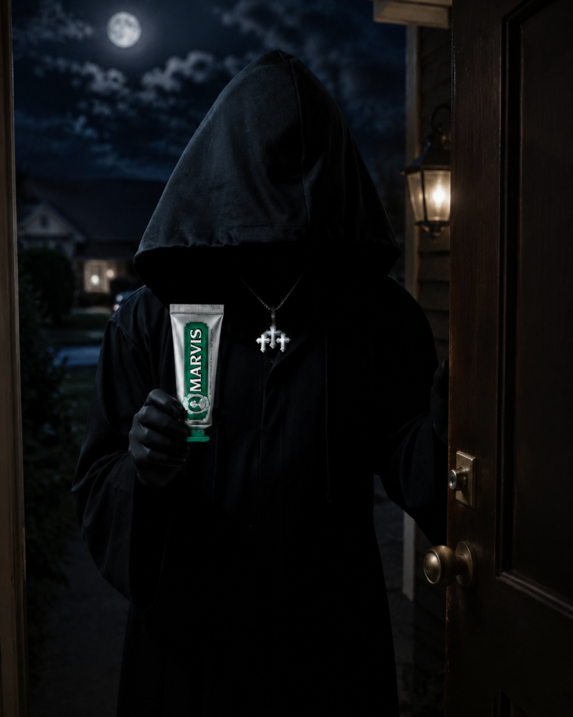 Hooded figure holding a green Marvis toothpaste tube while entering a house at night for a dramatic Marvis toothpaste review image.