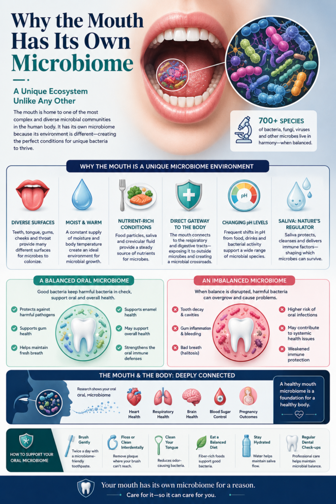 Mouth microbiome infographic explaining why the mouth has its own unique microbial ecosystem, with oral bacteria, saliva, pH balance, teeth, tongue, gums, and balanced vs imbalanced microbiome signs.