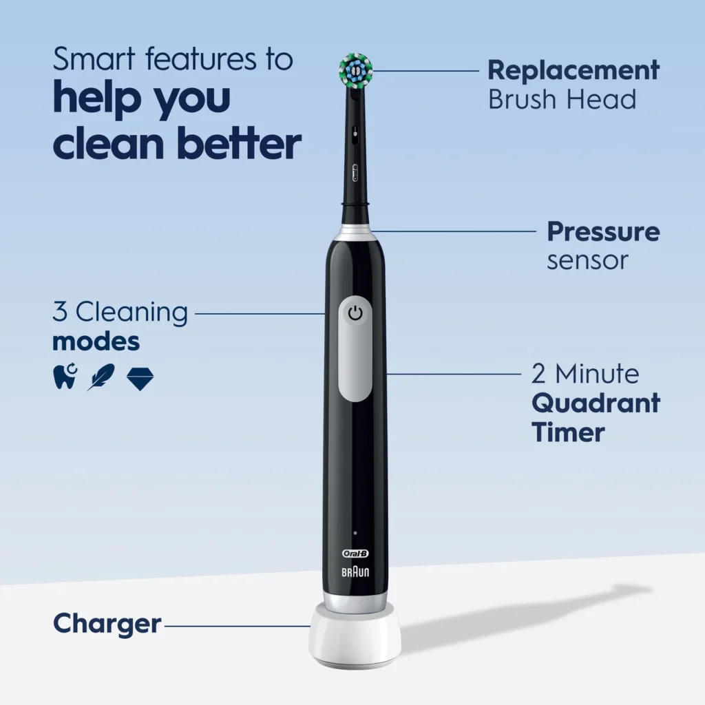 Oral-B Black Pro 1000 electric toothbrush features showing pressure sensor, 2-minute quadrant timer, three cleaning modes, replacement brush head, and charging base.