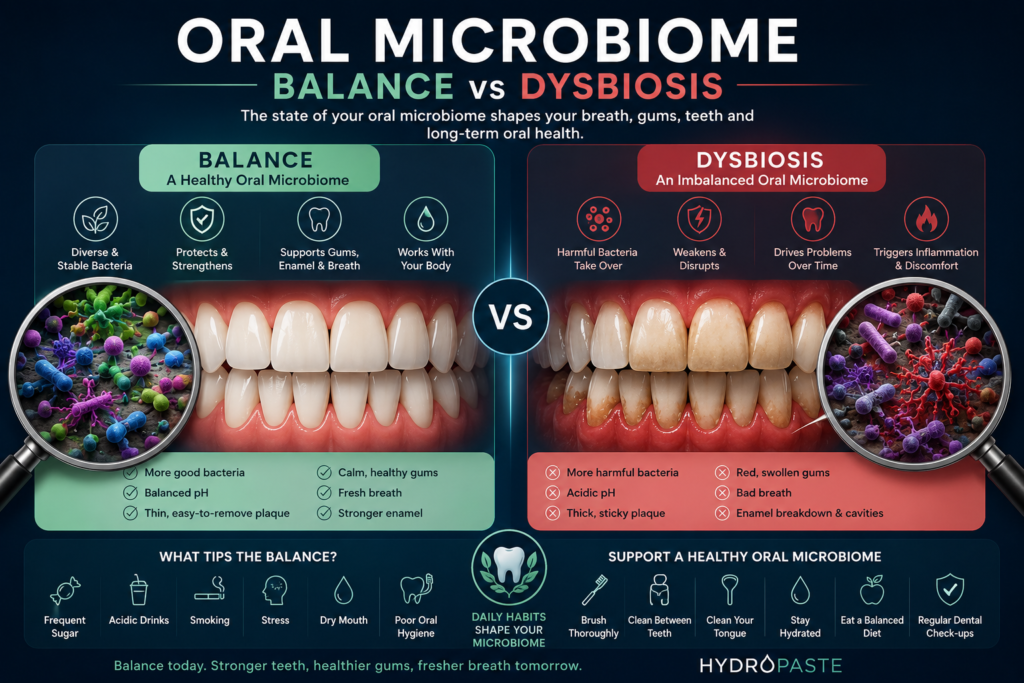 Oral Microbiome Balance vs Dysbiosis infographic comparing healthy mouth bacteria, balanced pH, fresh breath, strong gums, harmful bacteria, plaque, inflammation, and enamel breakdown.