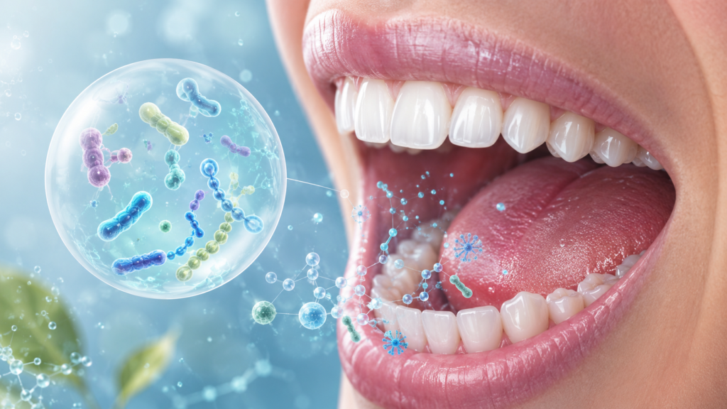 Oral microbiome illustration showing healthy teeth, gums, saliva, and beneficial oral bacteria in a balanced mouth ecosystem.