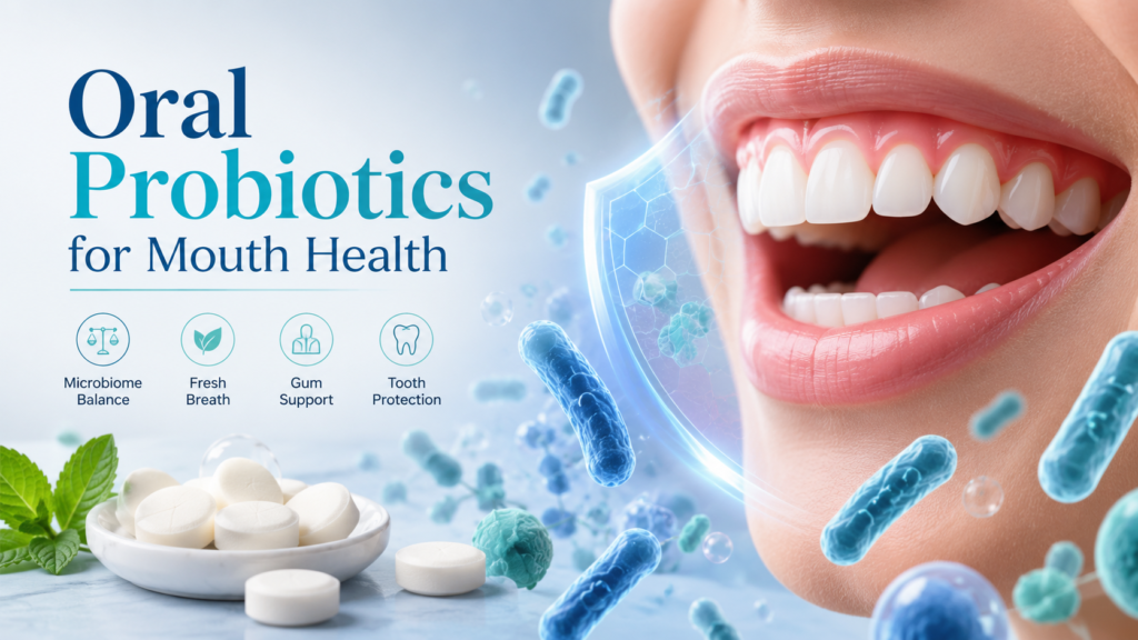 Oral probiotics for mouth health supporting oral microbiome balance, fresh breath, healthy gums, tooth protection, and beneficial bacteria in the mouth.