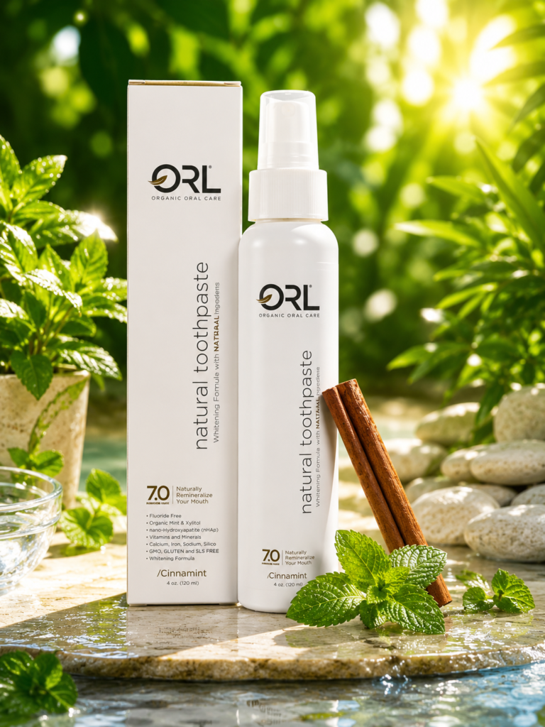 ORL toothpaste with fresh mint and cinnamon displayed in a vibrant, sunlit natural environment.
