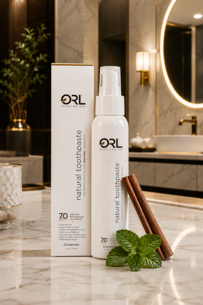 ORL toothpaste displayed with cinnamon sticks and fresh mint in an exquisite luxury marble bathroom.