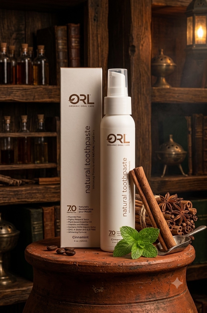 A rustic, warm-toned display for an ORL toothpaste review, showcasing the white ORL natural toothpaste pump bottle and box on a terracotta pedestal, surrounded by fresh mint, cinnamon sticks, and star anise in an apothecary setting.
