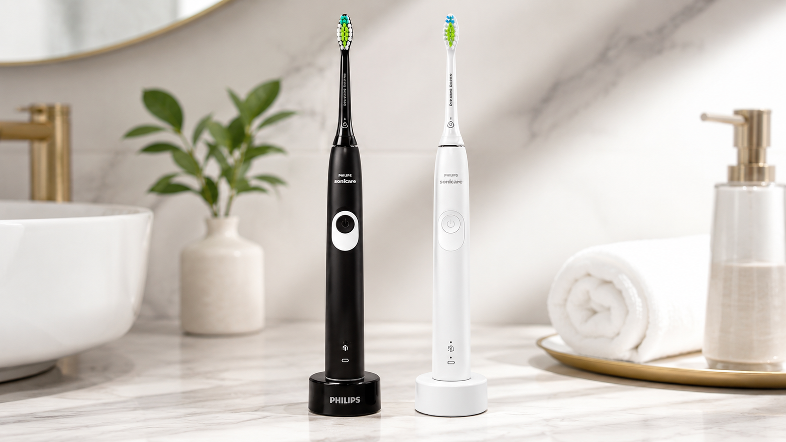 Philips Sonicare 4100 Series black and white electric toothbrushes on charging bases in a sophisticated modern bathroom