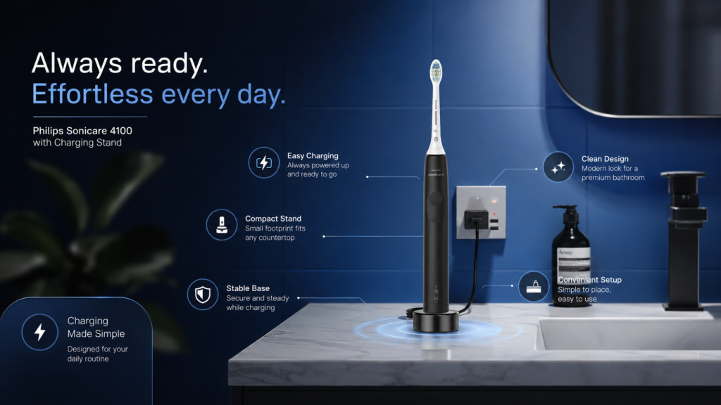 Philips Sonicare toothbrush charger with electric toothbrush on a compact charging stand in a modern blue bathroom.