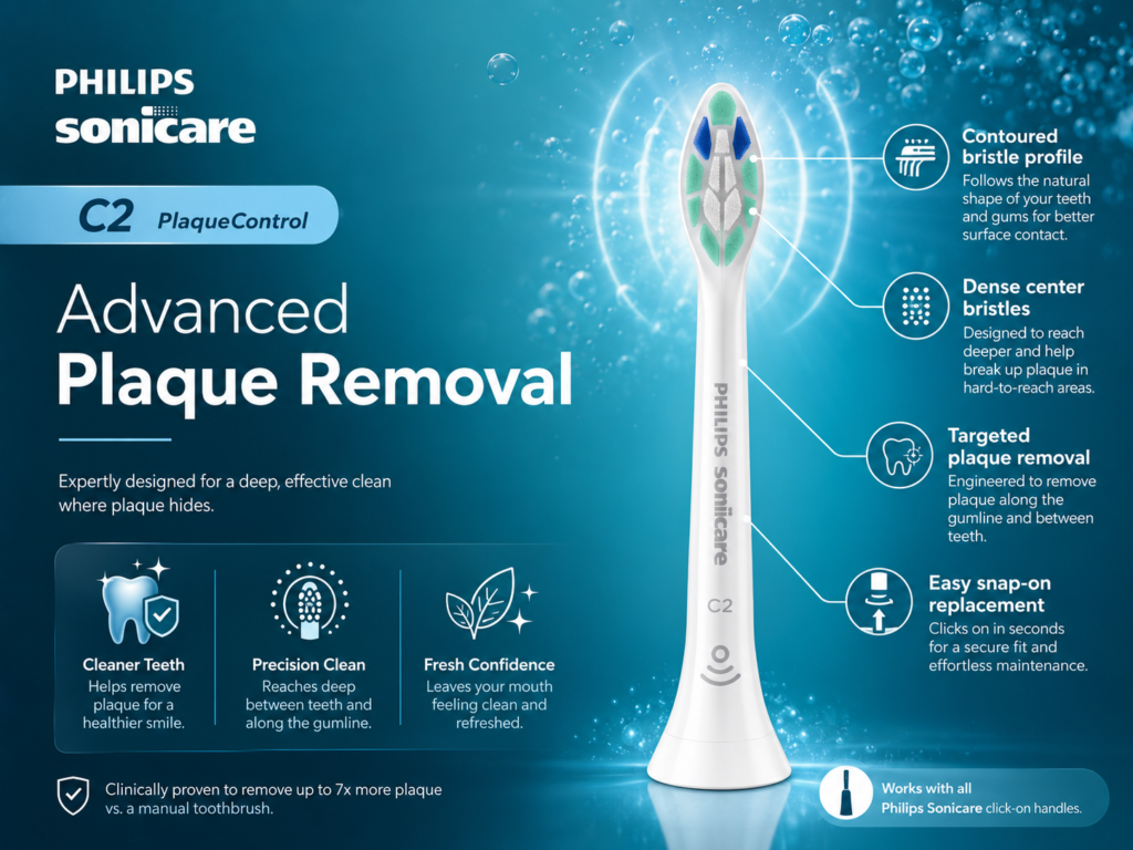 Philips Sonicare toothbrush heads semi-infographic showing the C2 PlaqueControl brush head, contoured bristles, targeted plaque removal, and snap-on design.