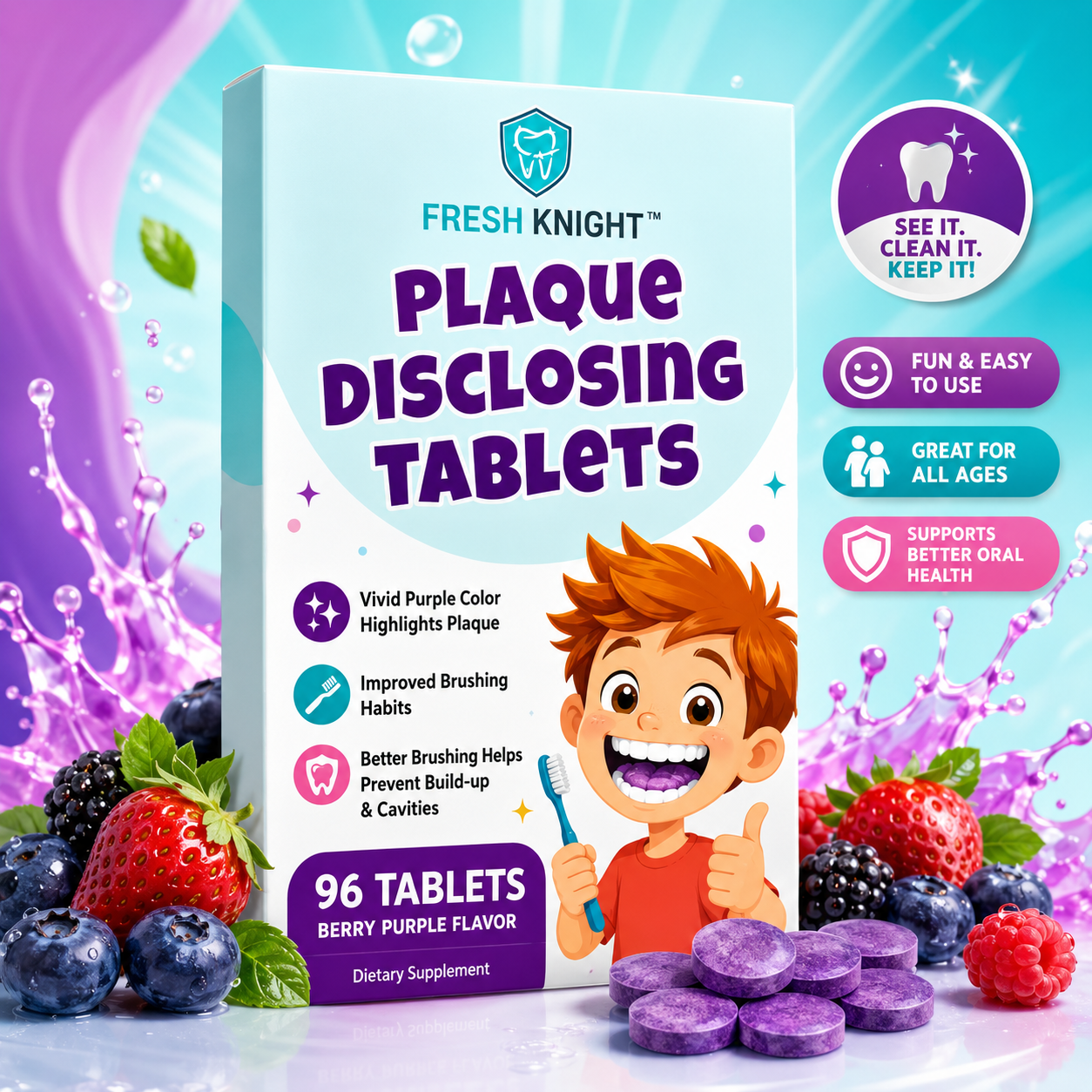 Plaque disclosing tablets displayed with colorful berries and a happy person demonstrating improved brushing and visible plaque detection.