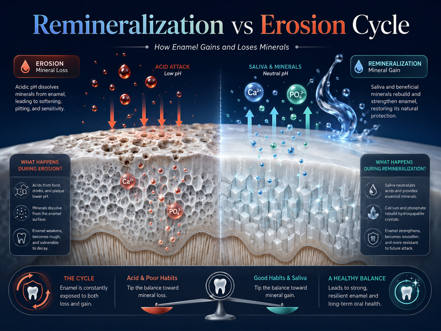 Enamel remineralization vs erosion cycle showing acid-driven mineral loss and saliva-supported calcium and phosphate recovery.