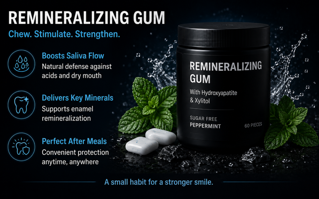 Remineralizing gum with hydroxyapatite and xylitol displayed with peppermint leaves, highlighting saliva flow, enamel support, and after-meal use.