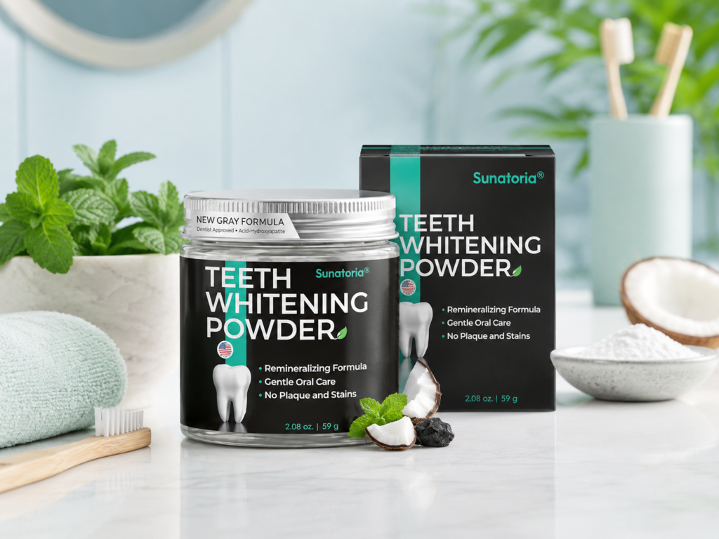 Remineralizing tooth powder displayed with mint, coconut, a bamboo toothbrush, and natural oral care essentials.