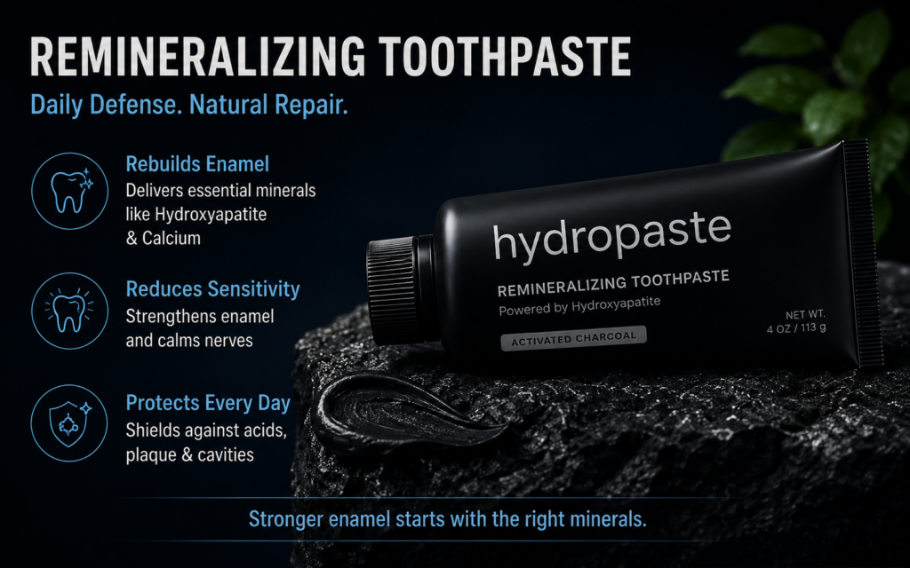 Remineralizing toothpaste with hydroxyapatite displayed in a dark infographic highlighting enamel support, sensitivity relief, and daily acid protection.
