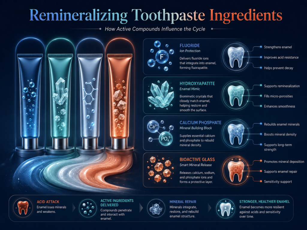 Remineralizing toothpaste ingredients including fluoride, hydroxyapatite, calcium phosphate and bioactive glass for enamel support.