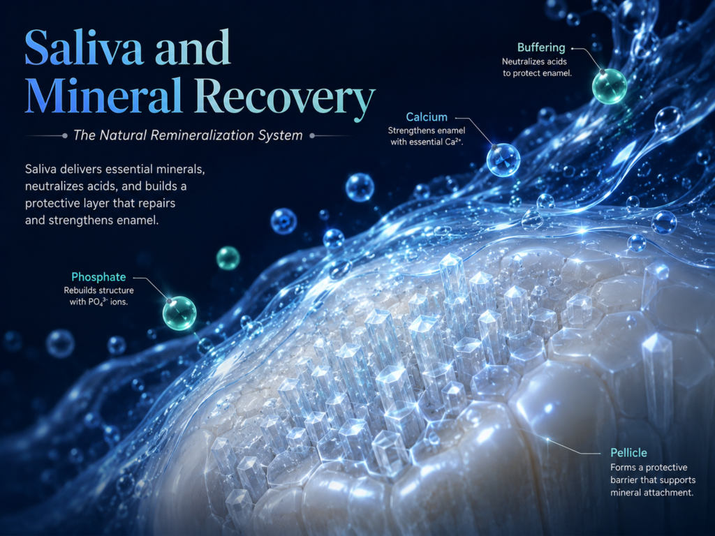 Saliva supporting enamel remineralization through acid buffering, calcium, phosphate and protective pellicle formation.
