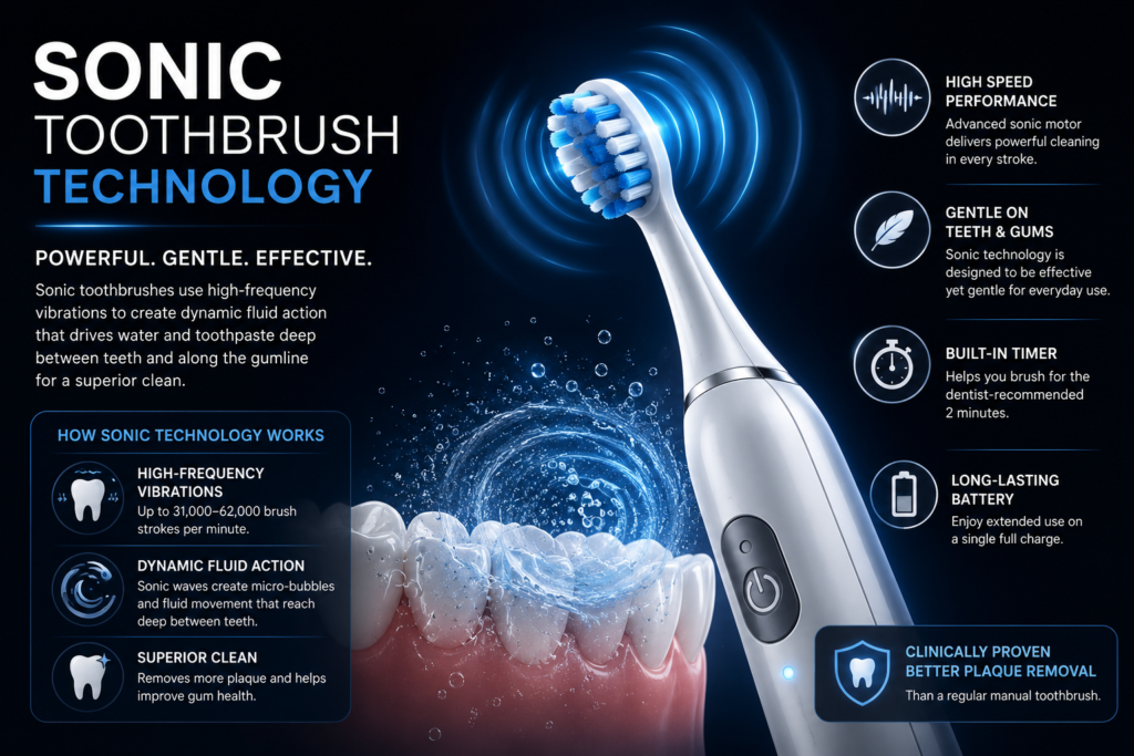 Sonic toothbrush technology using high-frequency vibrations and dynamic fluid action to clean teeth and remove plaque.