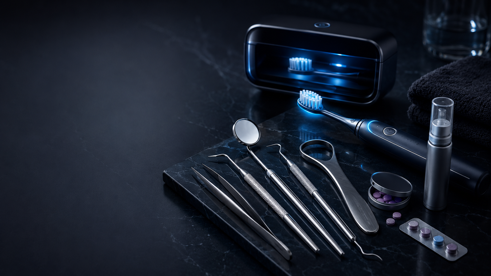 Dark teeth tools hero image featuring a UV toothbrush sanitizer, light therapy toothbrush, tongue scraper, mouth spray, dental mirror, and plaque disclosing tablets.