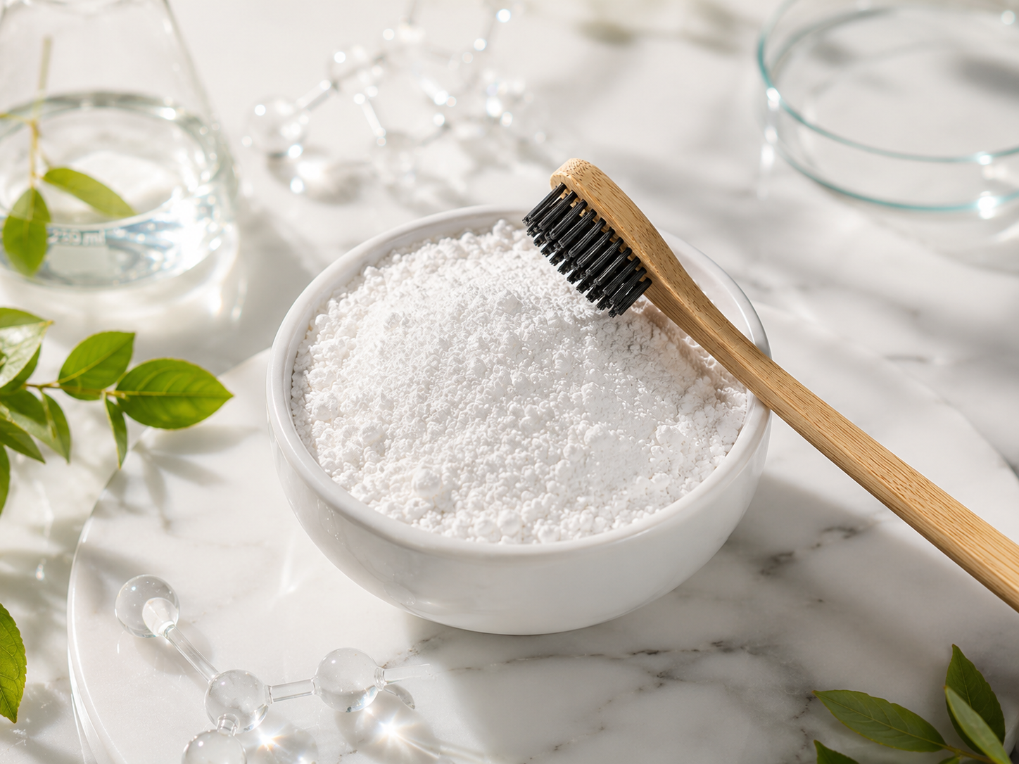 White tooth powder with a bamboo toothbrush, laboratory glassware, molecular details, and fresh green leaves.