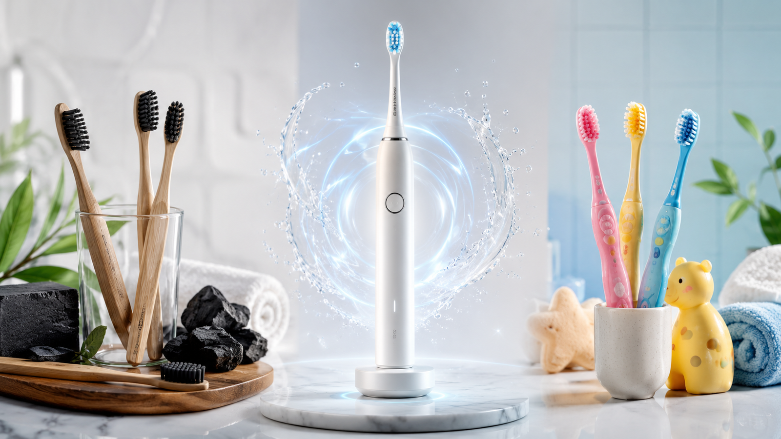 Top-rated electric, charcoal and kids toothbrushes for 2026 displayed in a modern oral-care setting
