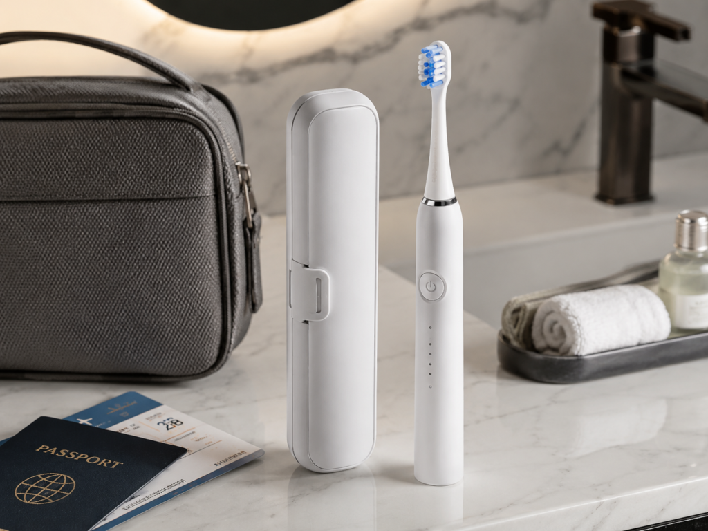 Travel electric toothbrush with a compact protective case on a luxury hotel bathroom countertop, designed for convenient portable oral care while traveling.