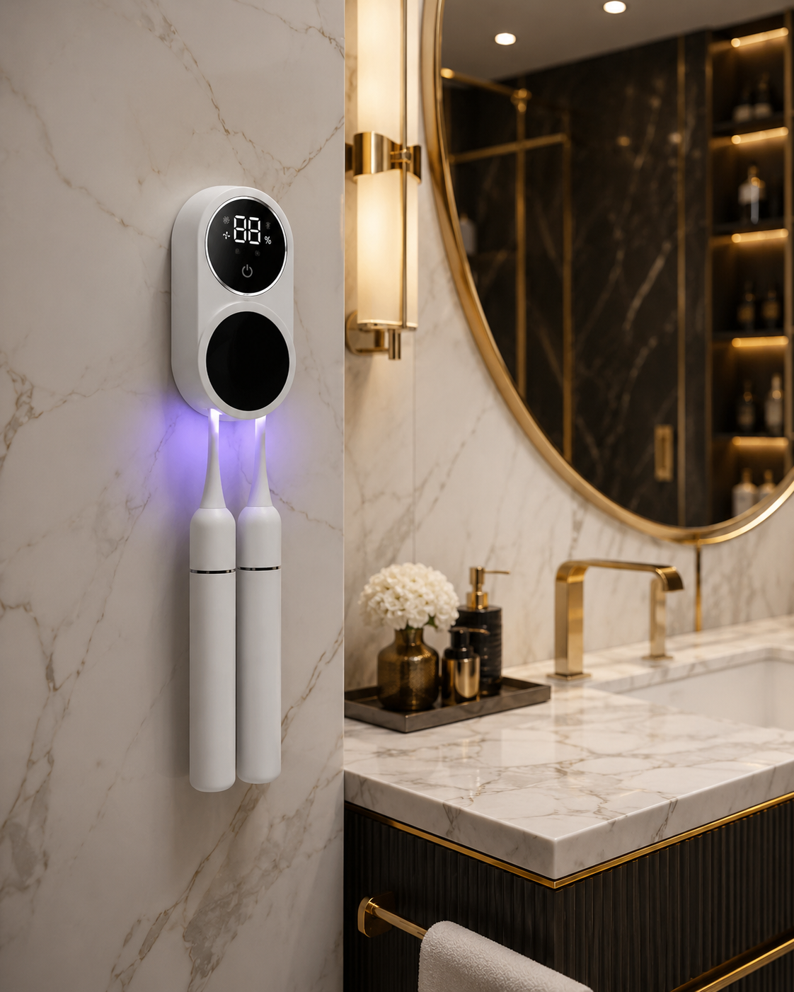 UV toothbrush sterilizer with two electric toothbrushes mounted in a luxury marble bathroom