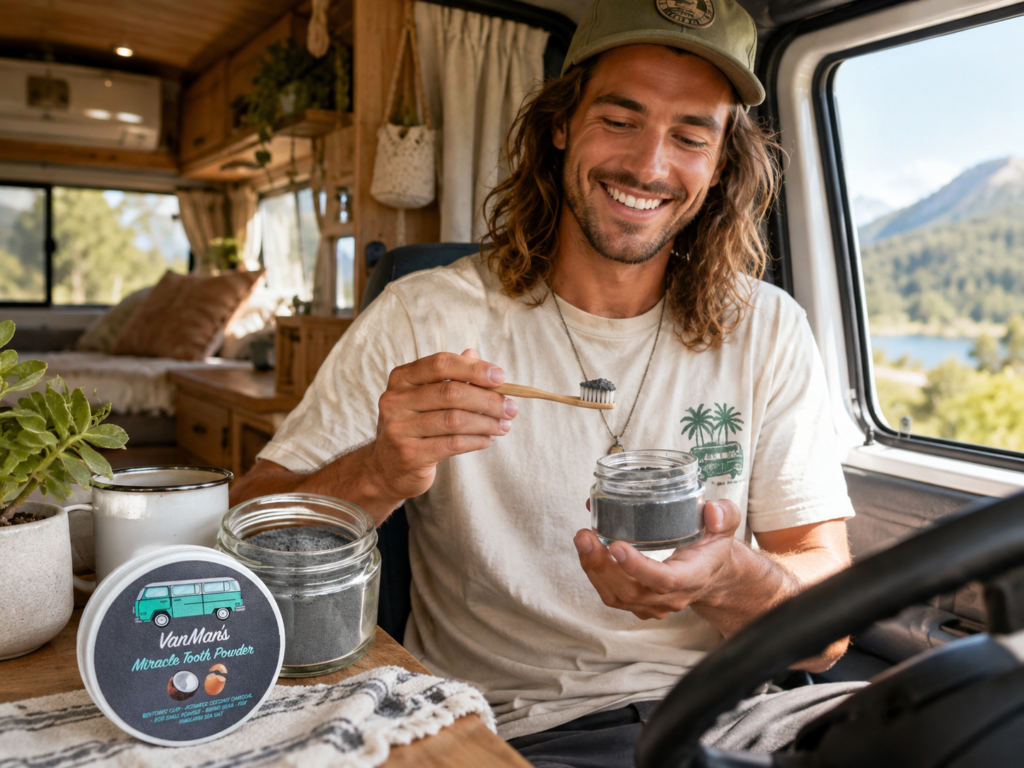 A smiling driver inside a camper van using VanMan’s baking powder and toothpaste-style Miracle Tooth Powder with a bamboo toothbrush.