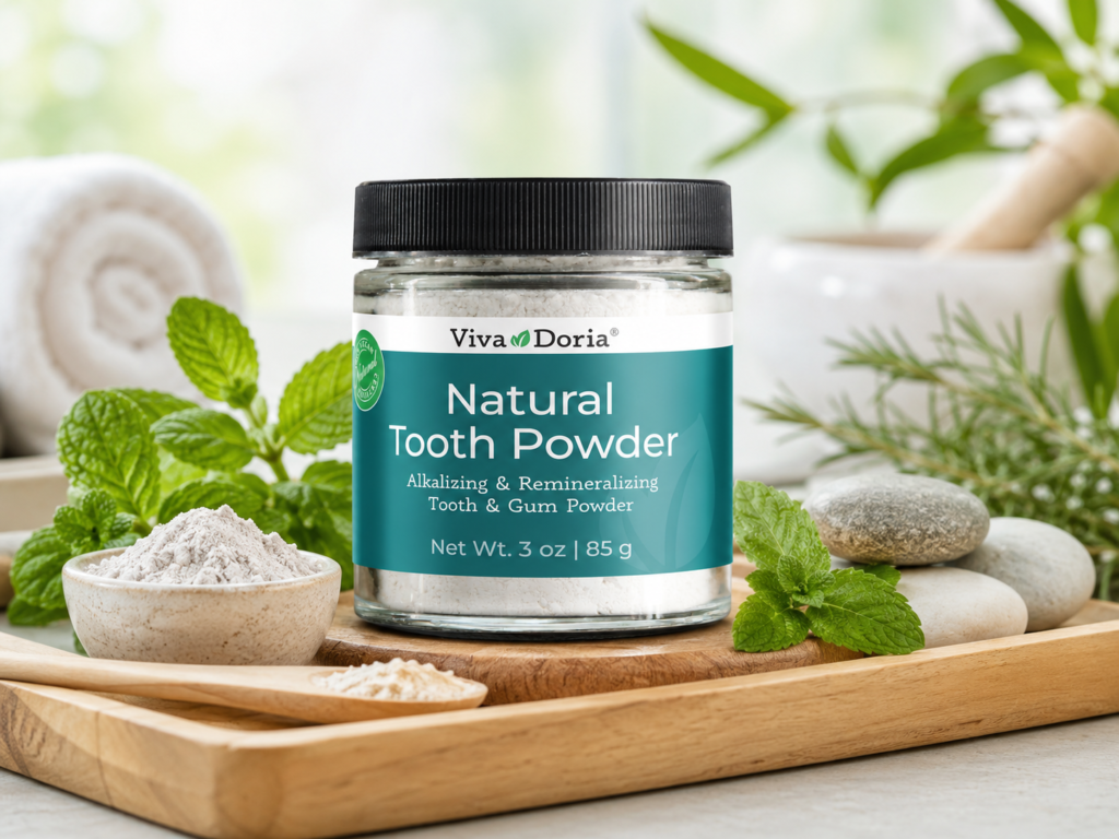 Viva Doria Natural Tooth Powder displayed with fresh mint, herbal sprigs, smooth stones, and a wooden powder scoop.