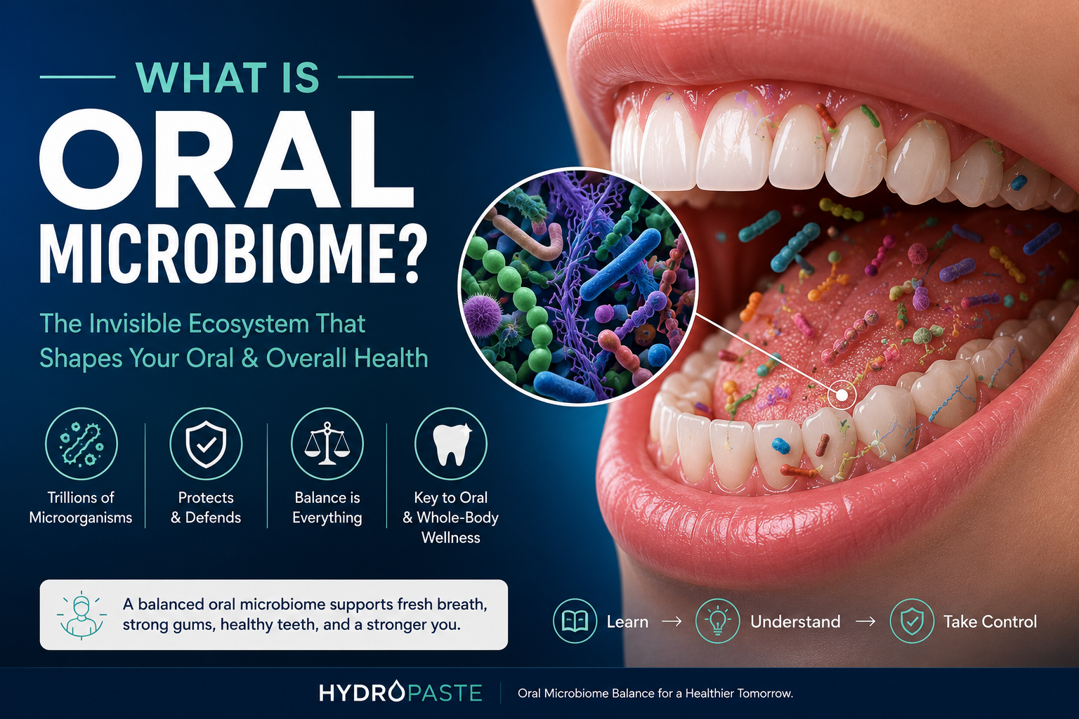 Hero image explaining what is oral microbiome, showing mouth bacteria, oral biofilm, teeth, tongue, and microbiome balance for healthier breath, gums, and enamel.