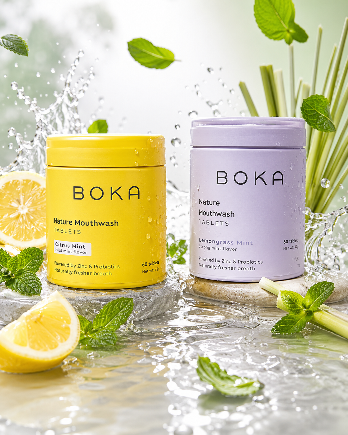 Boka mouthwash tablets in Citrus Mint and Lemongrass Mint jars with fresh mint, lemon, lemongrass, and dynamic water splashes