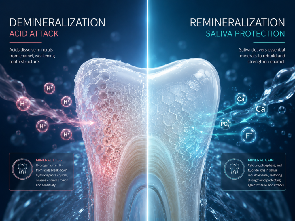 Demineralization vs remineralization showing acid mineral loss and saliva-supported enamel repair