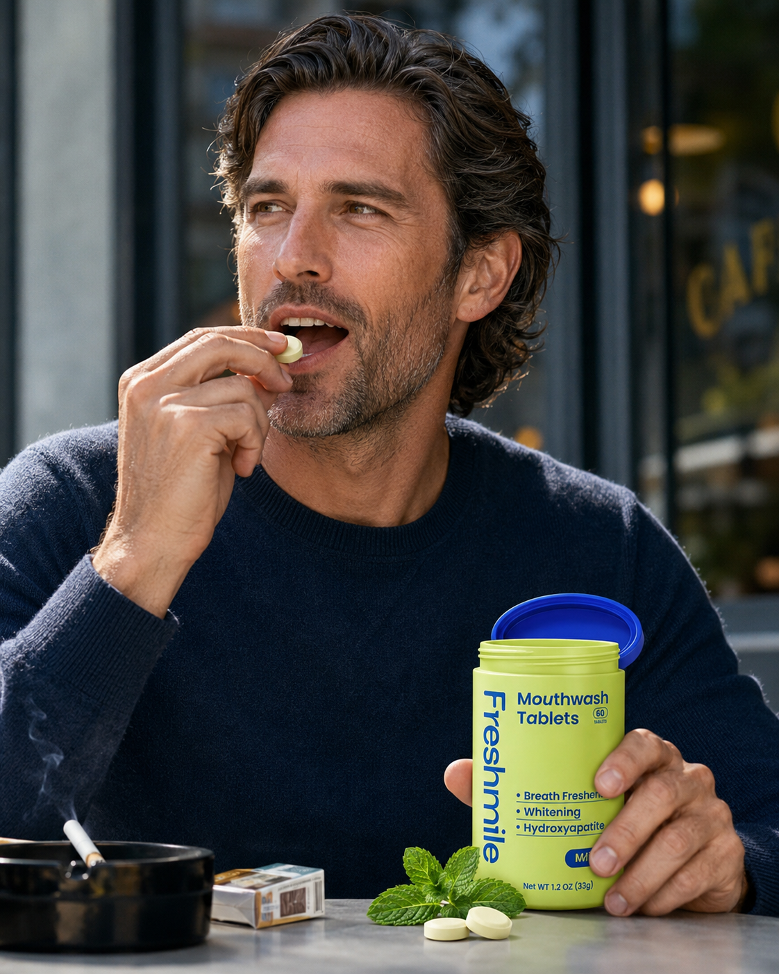 Freshsmile travel mouthwash tablets for smokers used by an adult after smoking to freshen breath while away from home.