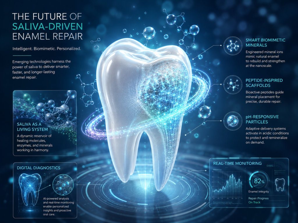 Future saliva-driven enamel repair using biomimetic minerals, peptide scaffolds and pH-responsive technology